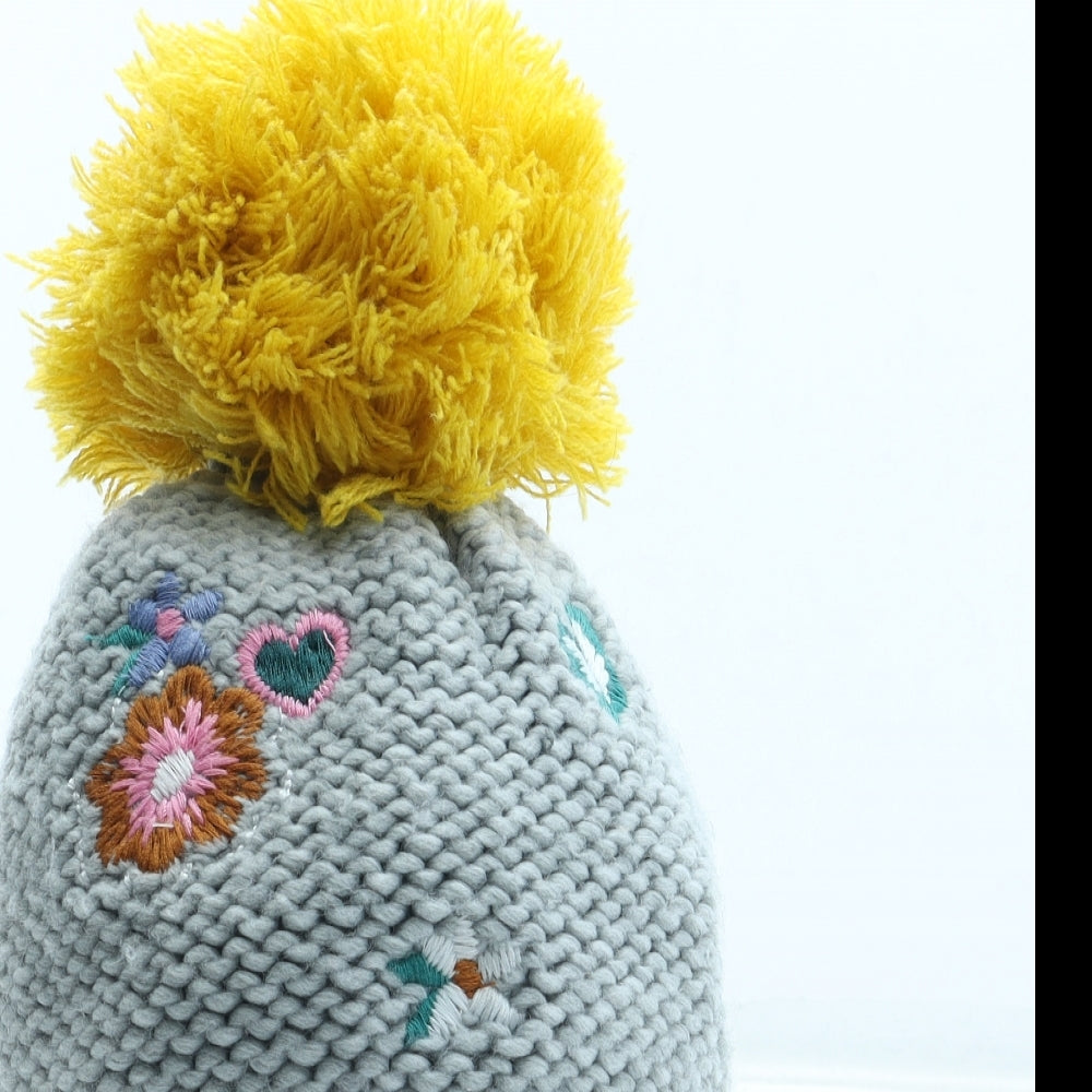 George Girls Grey Floral Acrylic Bobble Hat One Size