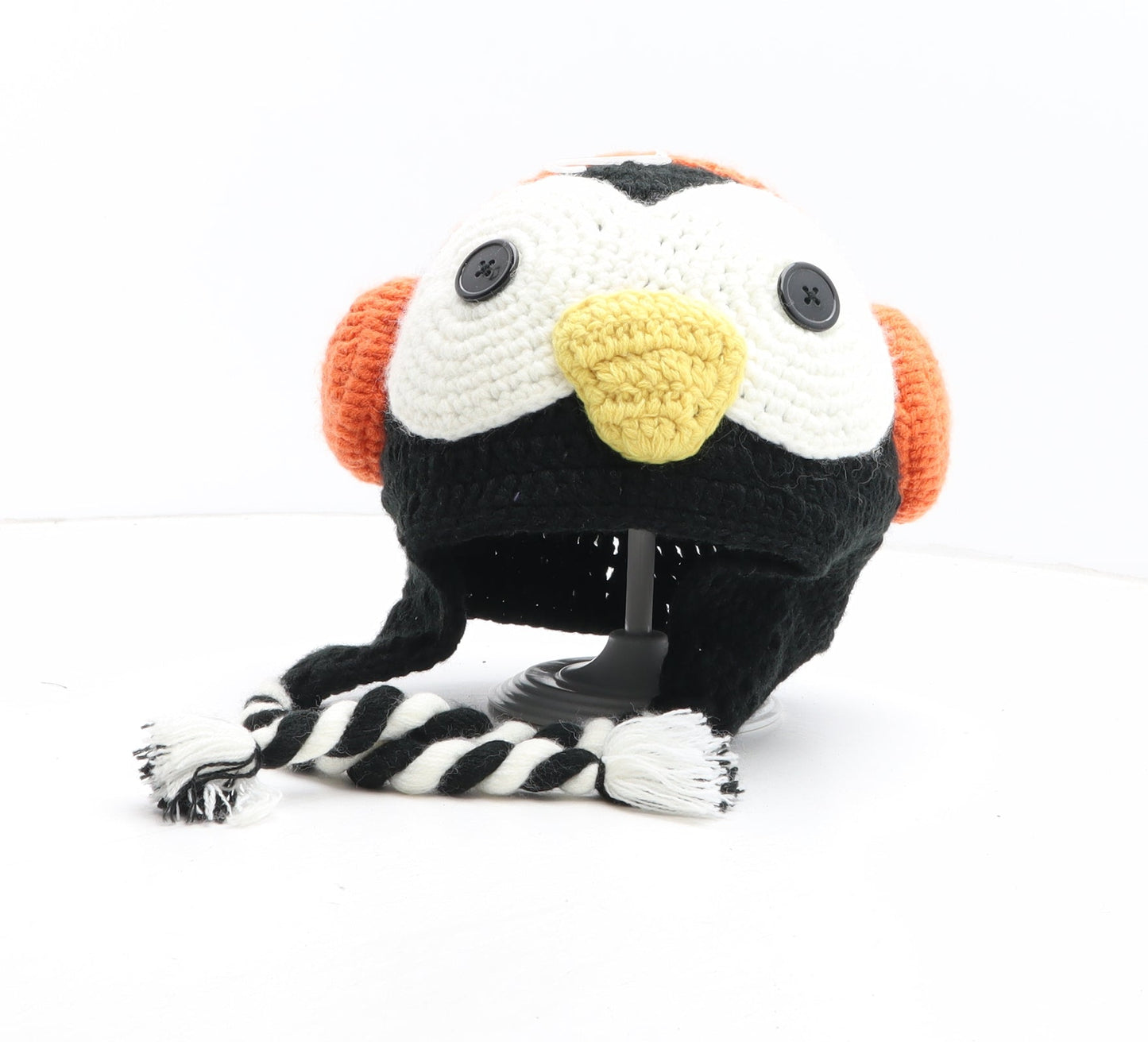 Preworn Girls Black Acrylic Winter Hat One Size - Penguin Detail
