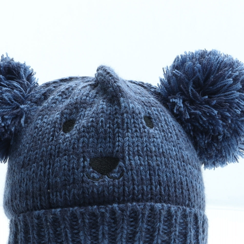 Preworn Boys Blue Acrylic Bobble Hat Size S - Bear
