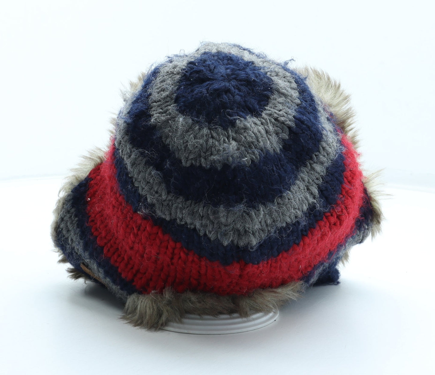 Preworn Mens Multicoloured Striped Acrylic Trapper Hat Size S - Faux Fur Trim