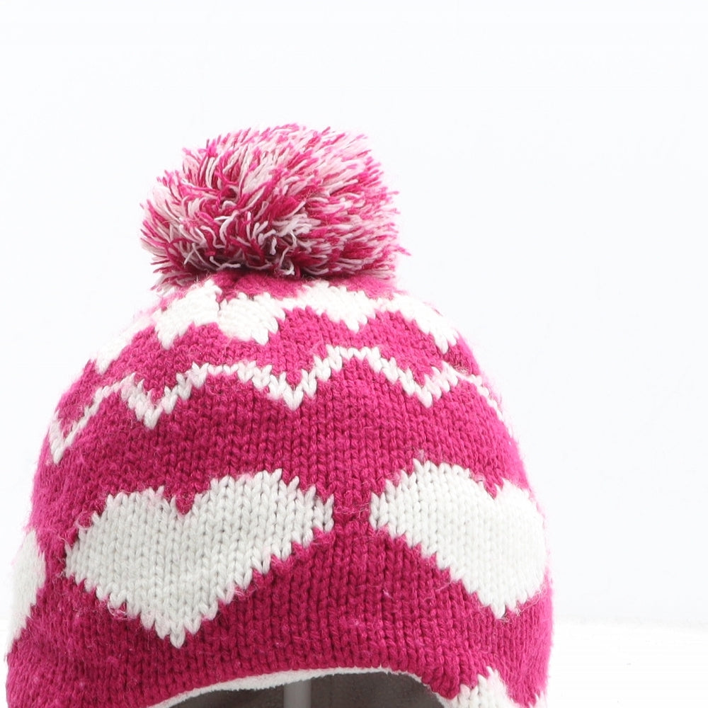 George Girls Pink Geometric Acrylic Winter Hat One Size - Heart Pattern Size 8-12 Years