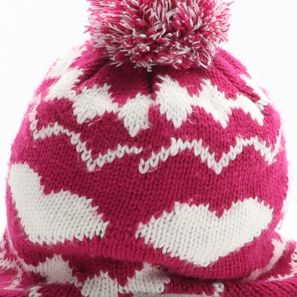 George Girls Pink Geometric Acrylic Winter Hat One Size - Heart Pattern Size 8-12 Years