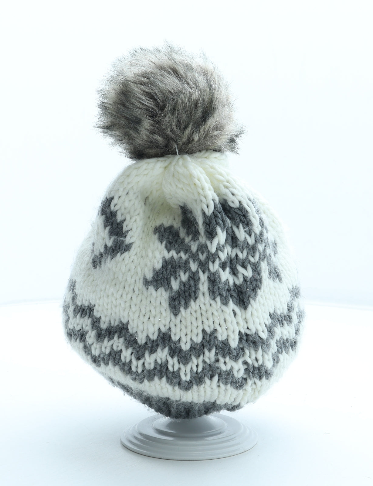 Preworn Womens Grey Fair Isle Acrylic Bobble Hat One Size