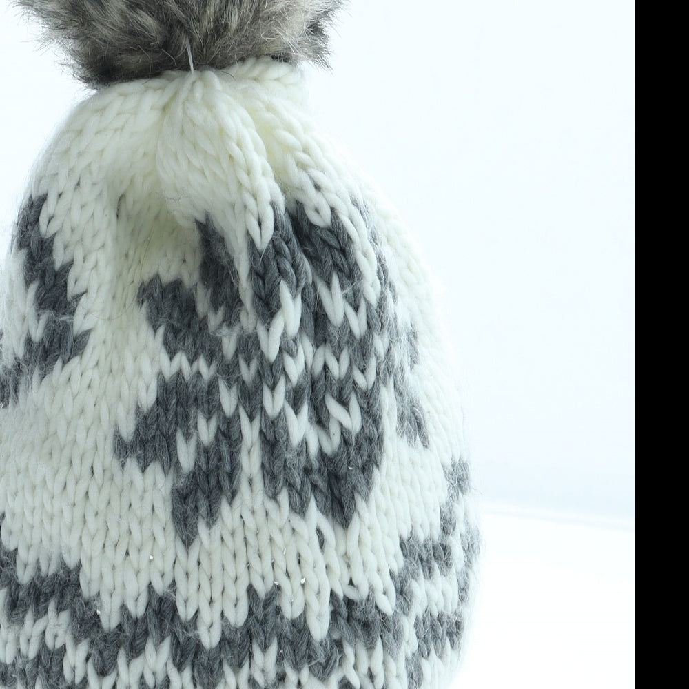 Preworn Womens Grey Fair Isle Acrylic Bobble Hat One Size