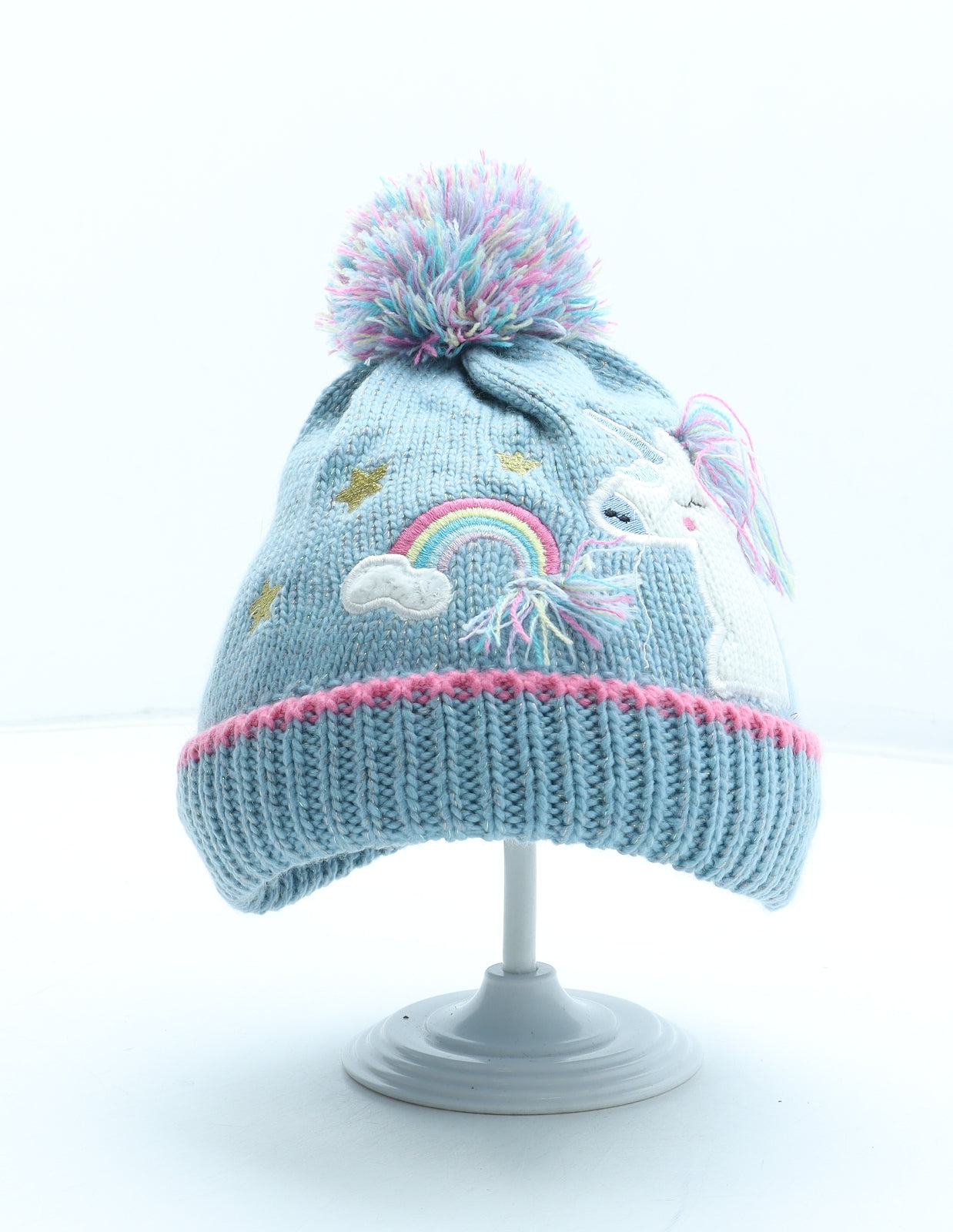 Preworn Girls Blue Acrylic Bobble Hat Size S - Unicorn Detail