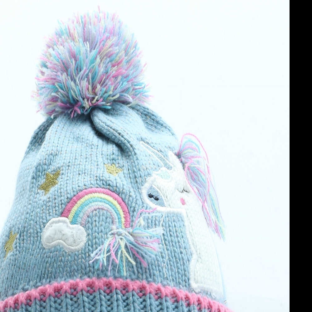 Preworn Girls Blue Acrylic Bobble Hat Size S - Unicorn Detail