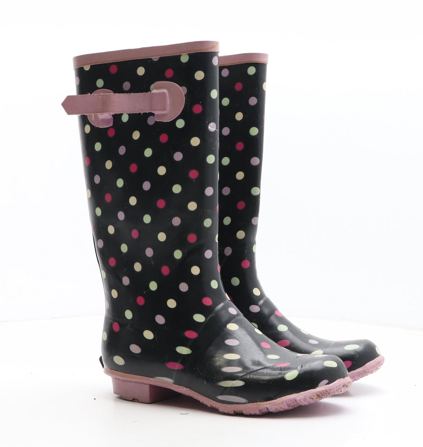 Preworn Womens Black Polka Dot Synthetic Wellies Boot UK