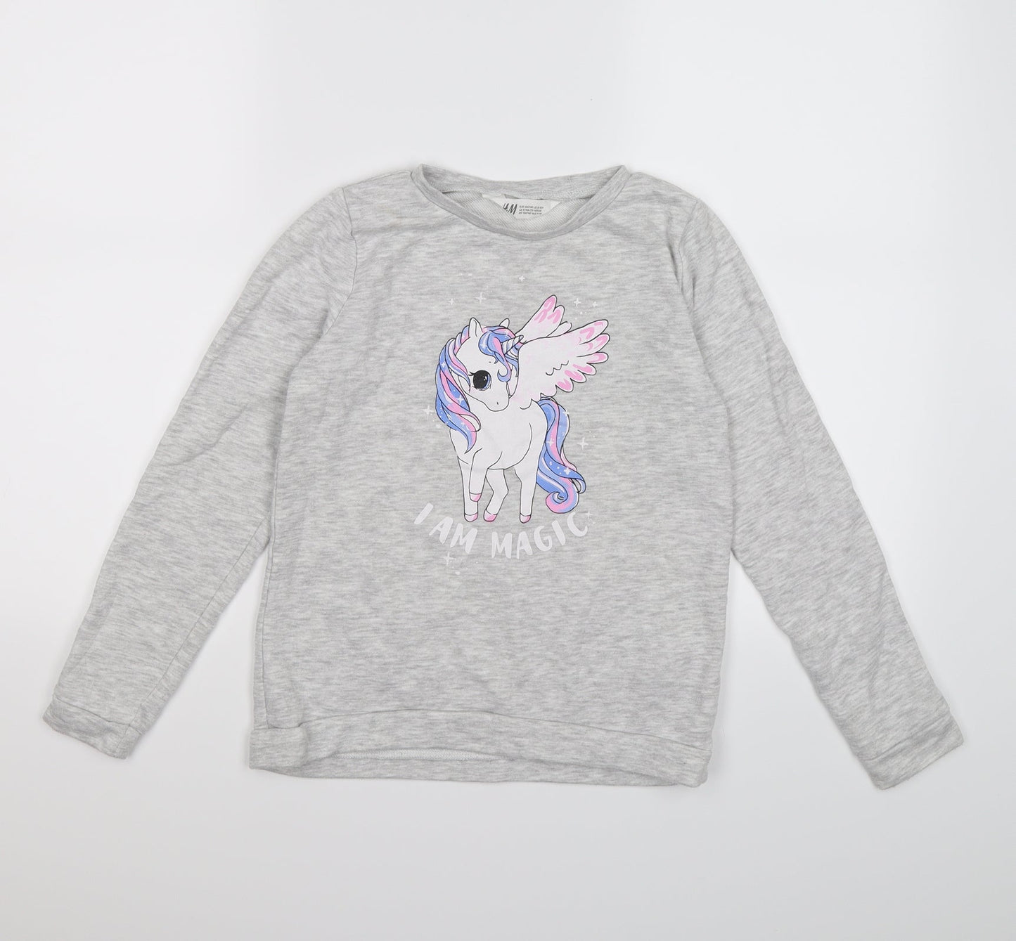 H&M Girls Grey  Jersey Pullover Sweatshirt Size 8-9 Years  - unicorn magic