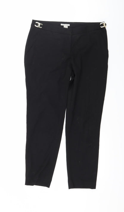 Front view of H&M women’s black trousers, size UK 10, 25-inch leg