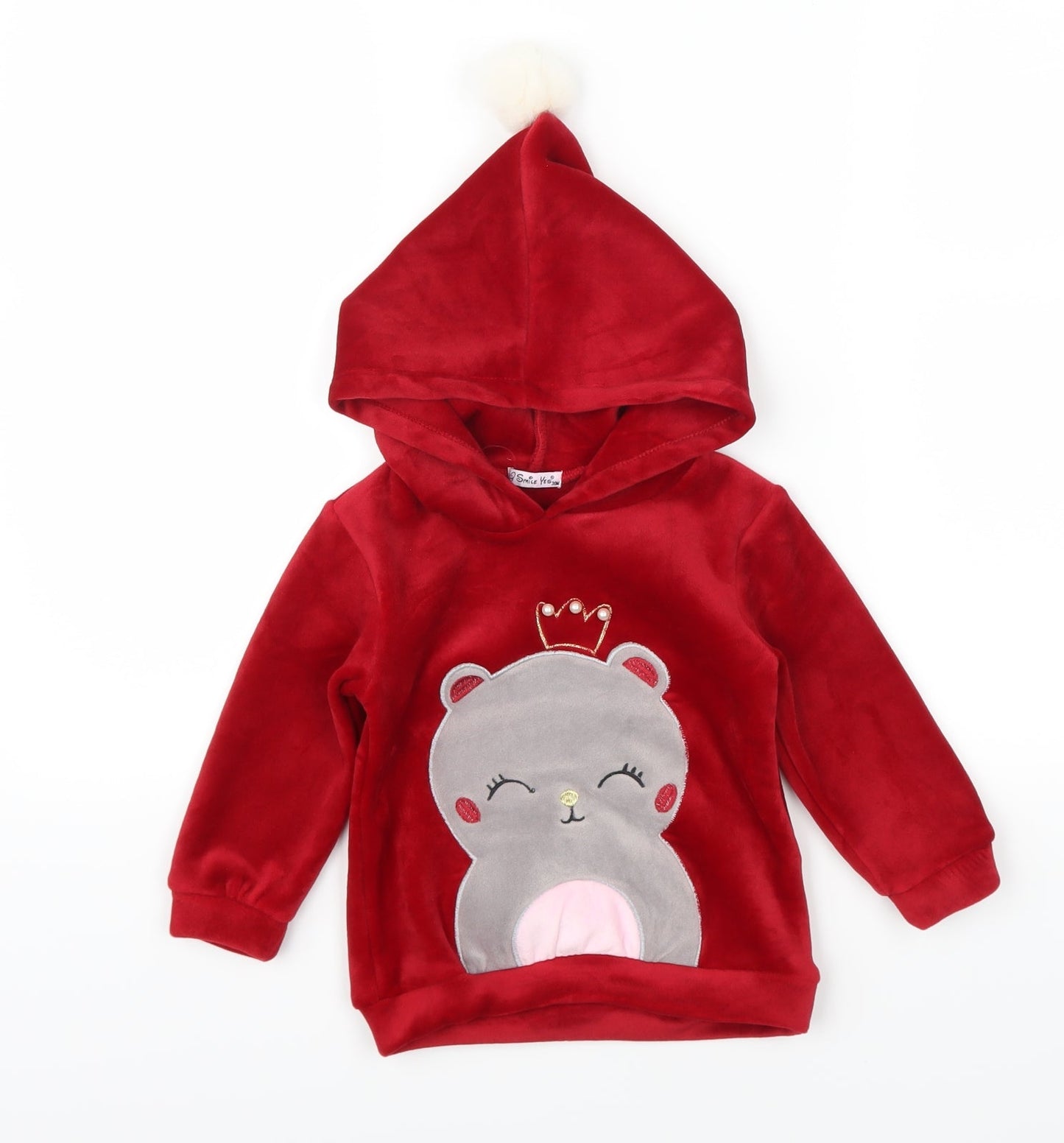 Smile Yes Girls Red Animal Print  Pullover Hoodie Size 2 Years  - Hamster Pom Pom