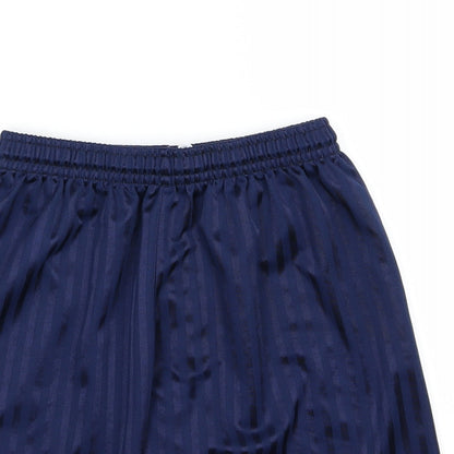 Close-up detail of Preworn men’s blue striped sweat shorts, size S
