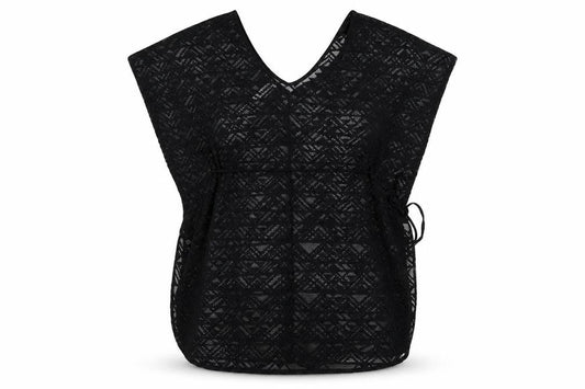 Front view of Ocean Club women’s black geometric tunic blouse, size UK 14