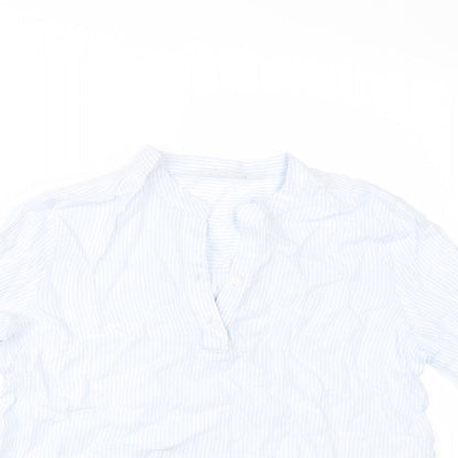 Close-up detail of H&M girls’ blue striped tunic button-up, size 9, years