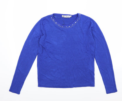 Additional front view of Pure & Natural women’s blue knit jumper, size UK 10, - beaded