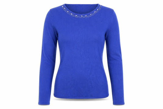 Front view of Pure & Natural women’s blue knit jumper, size UK 10, - beaded