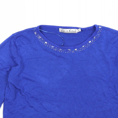 Close-up detail of Pure & Natural women’s blue knit jumper, size UK 10, - beaded