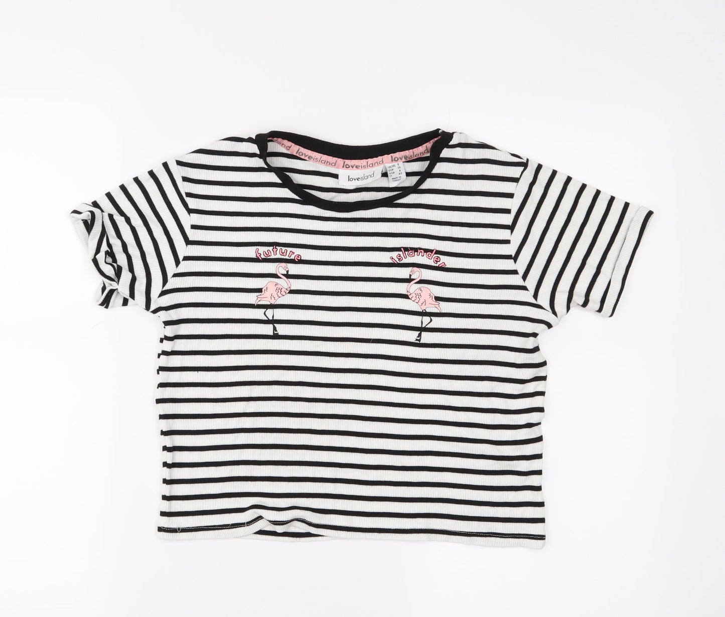 Love Island Womens White Striped  Cropped T-Shirt Size 8