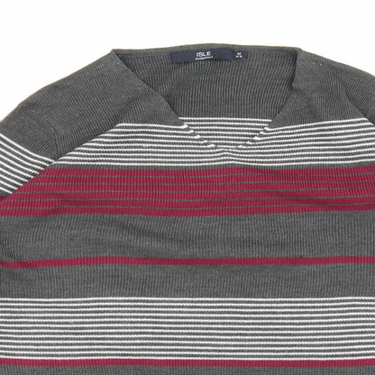 Close-up detail of Isle Essentials women’s grey striped knit jumper, size UK 14