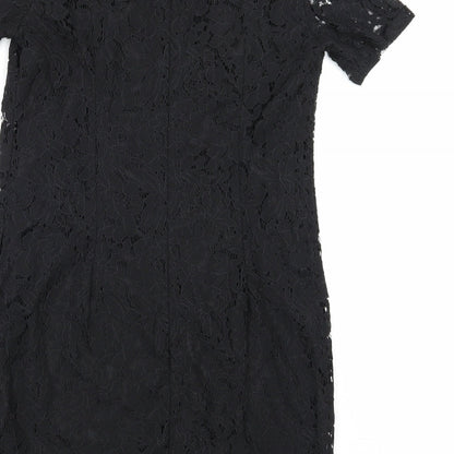 Brand and care label for Dorothy Perkins women’s black floral a-line, size UK 6