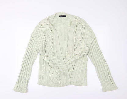 Front view of Marks & Spencer women’s green cardigan jumper, size UK 14