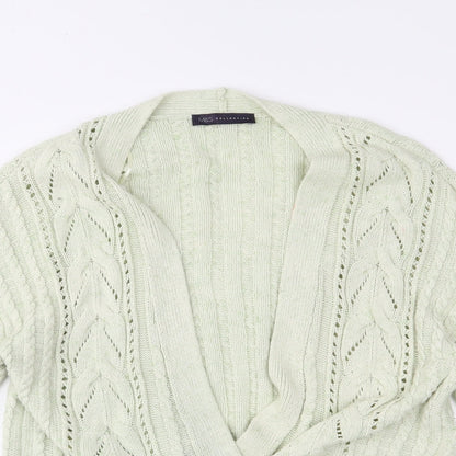 Close-up detail of Marks & Spencer women’s green cardigan jumper, size UK 14
