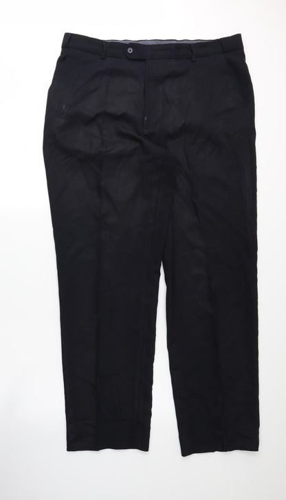 Front view of Debenhams women’s blue trousers, size UK 38, 31-inch leg