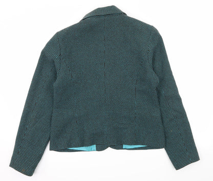 Back view of Miss Etam women’s blue geometric jacket, size UK 12