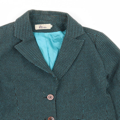 Close-up detail of Miss Etam women’s blue geometric jacket, size UK 12