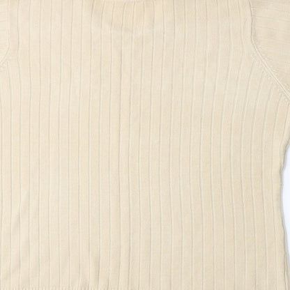 Brand and care label for Preworn women’s beige knit jumper, size M