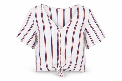 Front view of H&M women’s white striped basic blouse, size UK 6