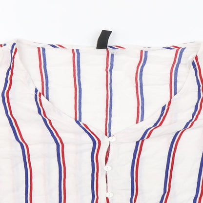 Close-up detail of H&M women’s white striped basic blouse, size UK 6