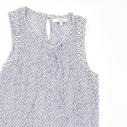 Close-up detail of Next women’s purple geometric camisole blouse, size UK 8