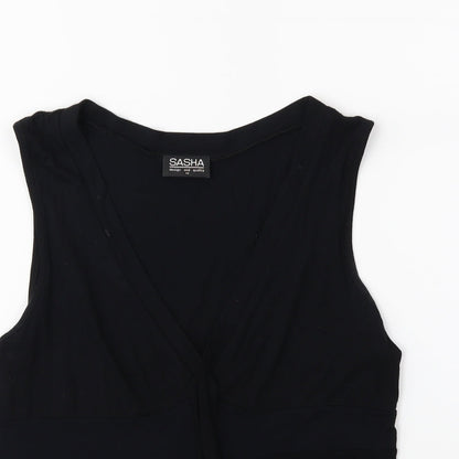 Close-up detail of Sasha women’s black basic tank, size UK 12