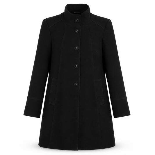 Front view of BHS women’s black overcoat coat, size UK 12
