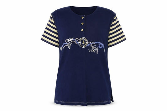 Front view of raxsta women’s blue striped basic t-shirt, size S