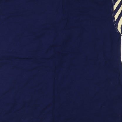 Brand and care label for raxsta women’s blue striped basic t-shirt, size S