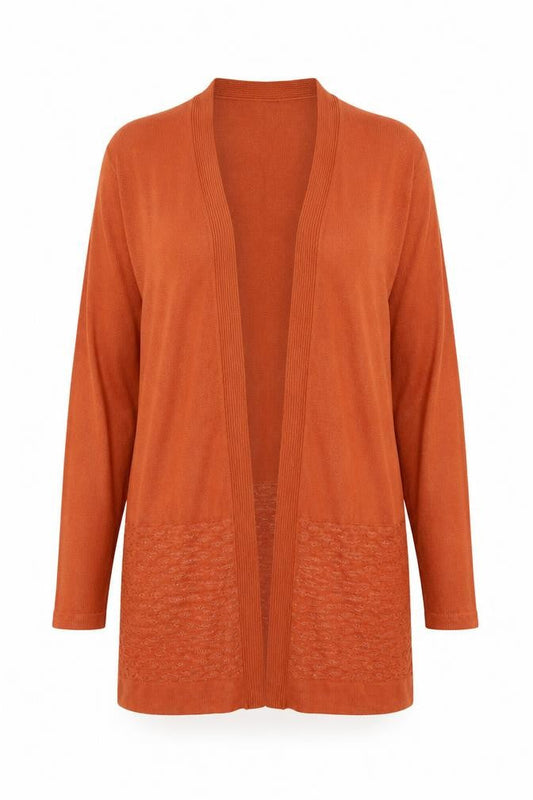 Front view of Bonmarché women’s orange knit cardigan jumper, size M