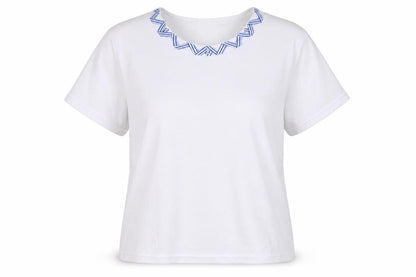 Front view of Elizabeth Scott women’s white basic t-shirt, size S