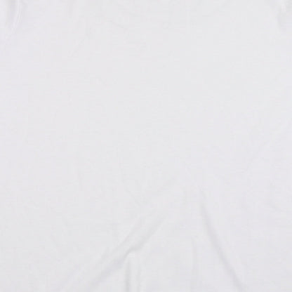 Brand and care label for Elizabeth Scott women’s white basic t-shirt, size S