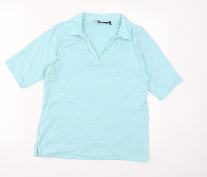 Additional front view of Isle Essentials women’s blue basic t-shirt, size M