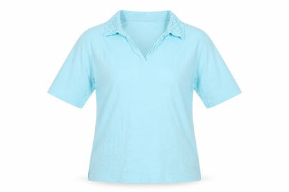 Front view of Isle Essentials women’s blue basic t-shirt, size M