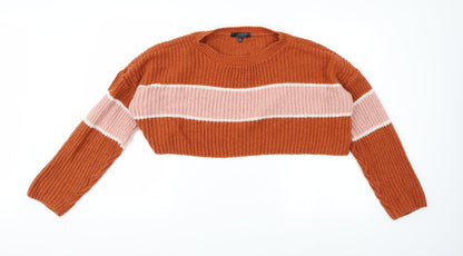 Additional front view of Missguided women’s orange striped knit jumper, size UK 8, - cropped jumper