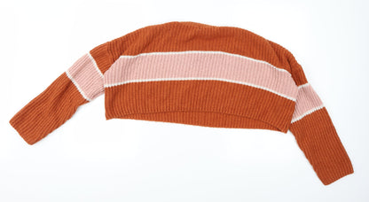 Back view of Missguided women’s orange striped knit jumper, size UK 8, - cropped jumper