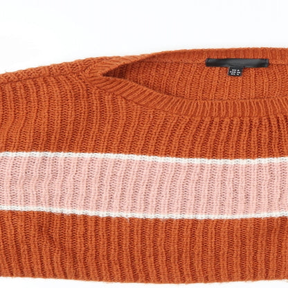 Close-up detail of Missguided women’s orange striped knit jumper, size UK 8, - cropped jumper