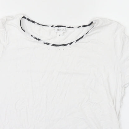 Close-up detail of mona women’s white basic t-shirt, size UK 14