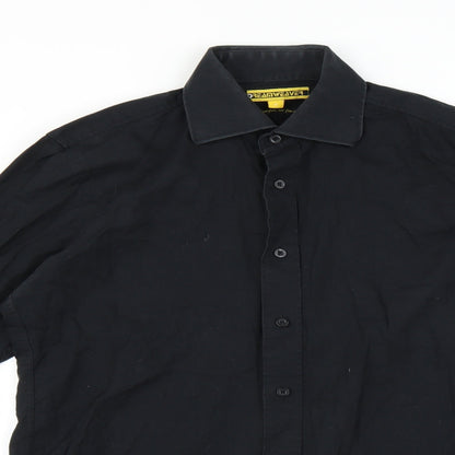 Close-up detail of dreamweaver men’s black button-up, size 14