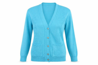 Front view of SARRA women’s blue cardigan jumper, size M