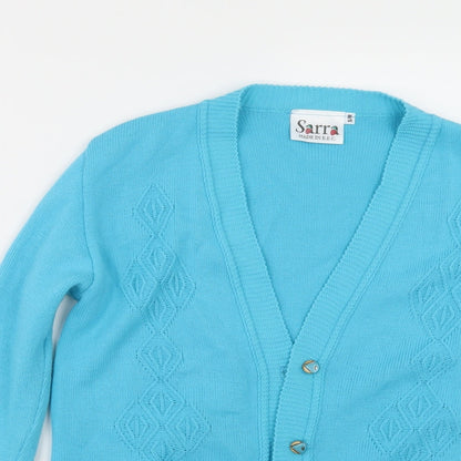 Close-up detail of SARRA women’s blue cardigan jumper, size M