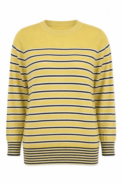 Front view of Next women’s yellow striped knit jumper, size UK 8