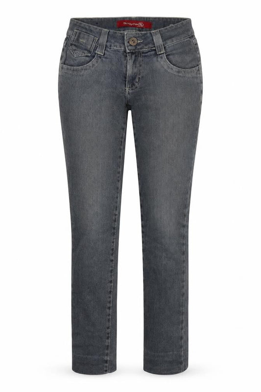 Front view of Tacosystem women’s grey denim skinny jeans, size UK 8, 28-inch leg